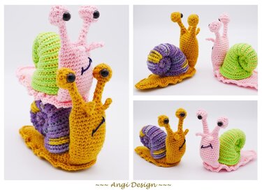 Drei gehäkelte Amigurumi‑Schnecken in Rosa, Gelb und Lila mit bunten Häuschen