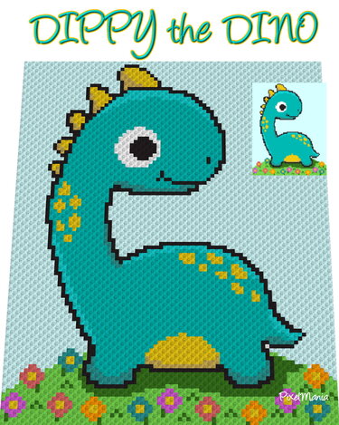 Pixel-Häkelmuster eines türkisfarbenen Dinosauriers mit gelben Akzenten auf einer Blumenwiese