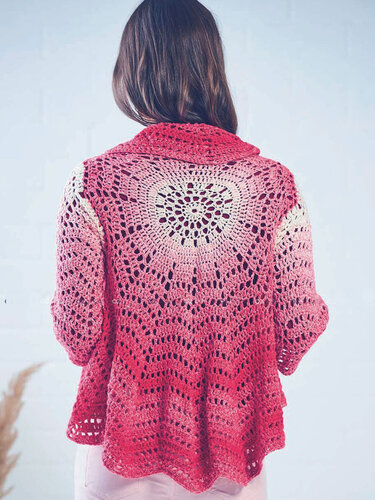 Rückenansicht einer gehäkelten Damenjacke mit Ombre-Farbverlauf und rundem Rückenmuster