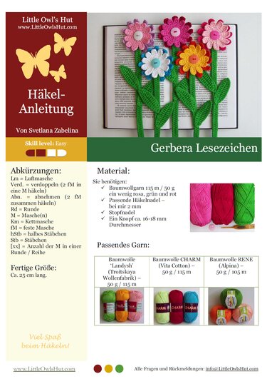 Mehrere gehäkelte Gerbera-Lesezeichen in verschiedenen Farben mit grünen Stielen auf einem aufgeschlagenen Buch