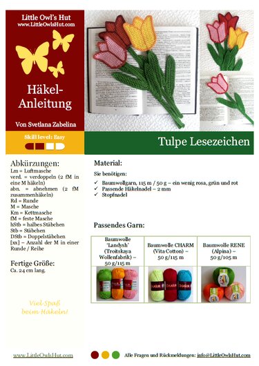 Gehäkelte Tulpen-Lesezeichen in Rosa, Gelb und Rot auf einem aufgeschlagenen Buch.