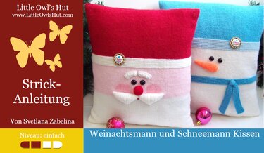 Motivbeispiel für Strickanleitung: quadratische Kissenhüllen Weihnachtsmann und Schneemann
