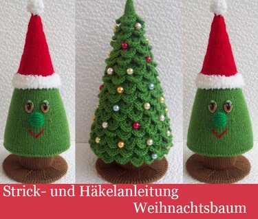 Gestrickter Weihnachtsbaum und zwei Kegelfiguren mit Zipfelmützen auf runden Sockeln