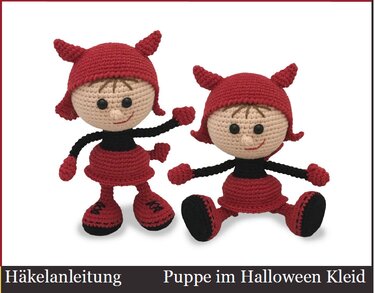 Zwei gehäkelte Amigurumi-Teufel, eine stehend, eine sitzend.