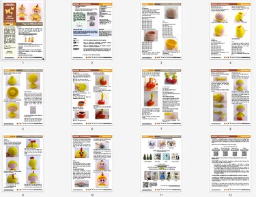 Fotoanleitungen und Seiten einer Häkelanleitung, Darstellung eines gelben Küken-Amigurumis als Osterdekoration