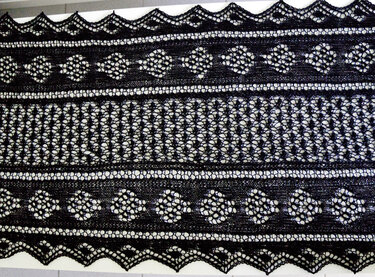 Detail: Lochmusterreihen, Rautenmotive und gezackte Bordüre eines schwarzen Lacetuchs