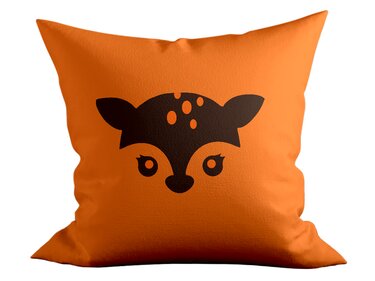 Orangefarbenes Kissen mit dunkelbraunem Rehkitzkopf-Plott und Punktmuster