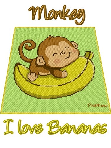 Pixelhäkelmuster eines lächelnden Affen auf einer gelben Banane