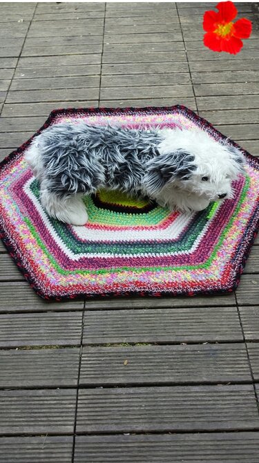 Sechseckige mehrfarbige Häkelmatte mit Plüschhund auf Holzterrasse