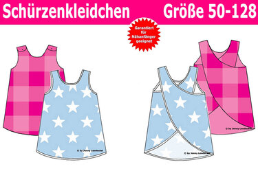 Illustration von Schürzenkleidchen-Schnittmustern in Pink-Karo und Hellblau mit weißen Sternen; A-Linie und Wickeloptik, Größen 50–128, anfängerfreundlich
