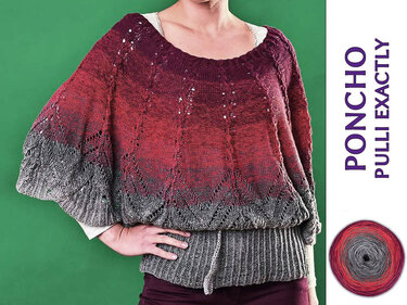 Gestrickter Ponchopullover mit Rot‑Grau‑Farbverlauf, Ajourmuster und breitem Rippenbündchen