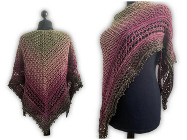 Gradient ombré crocheted triangle shawl with lace panels and scalloped edge displayed on a mannequin