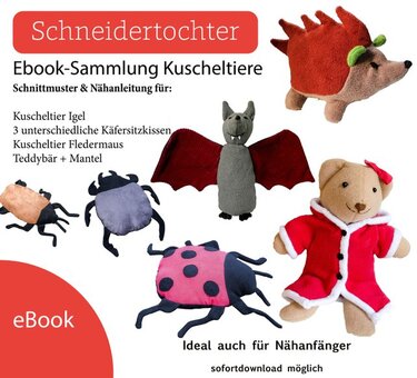 Ebook-Cover mit Abbildungen genähter Kuscheltiere: Igel, verschiedene Käfersitzkissen, Fledermaus und Teddybär im Mantel
