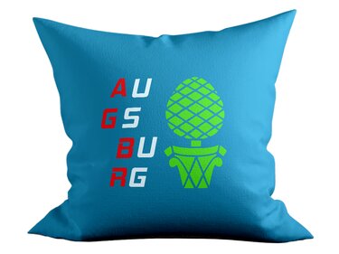 Kissen mit grünem Zirbelnuss-Motiv und vertikalem Schriftzug "AUGSBURG".
