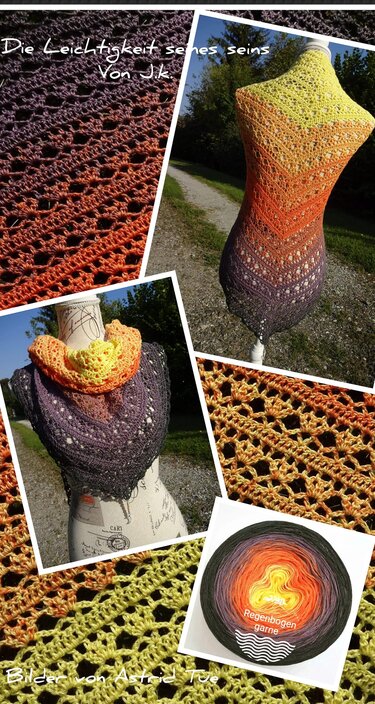 Collage aus Gesamt- und Detailaufnahmen eines gehäkelten Dreieckstuchs mit Close‑ups des Musters und dem gezeigten Verlaufsgarn