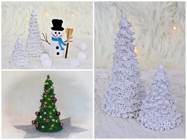 Gehäkelter Schneemann und Tannenbäume als Winterdekoration auf hellem Hintergrund