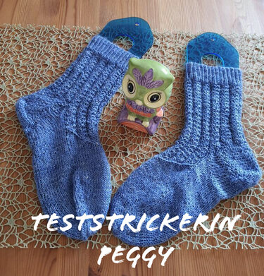 Handgestrickte blaue Damensocken auf Sockenformern neben einer kleinen Eulenfigur