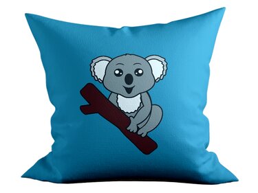 Quadratischer blauer Kissenbezug mit Koala-Plott auf Ast