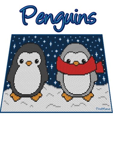 Pixelgrafik mit zwei Pinguinen auf Schnee vor dunklem Sternenhimmel, rechter Pinguin mit rotem Schal