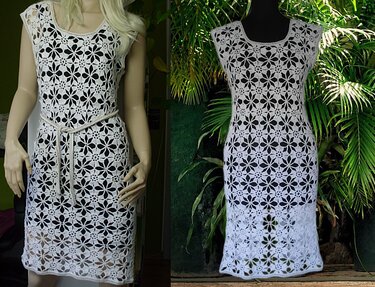 Weißes knielanges Häkelkleid mit Blumen-Lochmuster, links an Schaufensterpuppe mit Kordel, rechts auf Schneiderpuppe