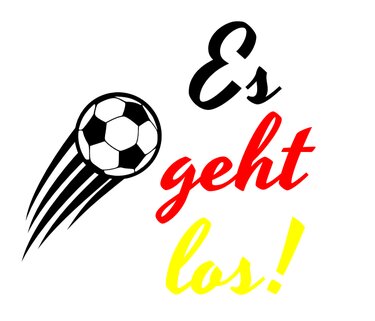 Plottgrafik: fliegender Fußball mit dem Schriftzug „Es geht los!“ in Schwarz, Rot und Gelb.