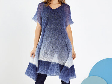 Damen Tunika gestrickt blau-weiß mit A‑Linie und kurzem Ärmel