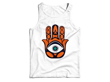 Weißes ärmelloses Oberteil mit farbiger Hamsa-Hand in Orange, Schwarz und Türkis