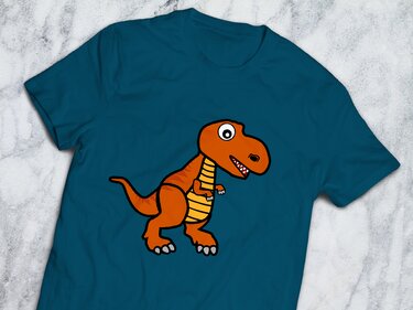 Petrolfarbenes T‑Shirt mit mittig platziertem, orangefarbenem T‑Rex‑Motiv mit klaren Konturen