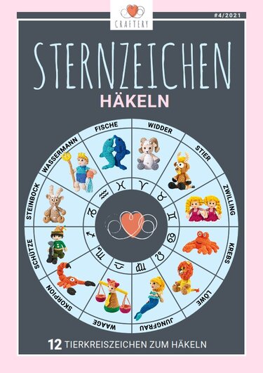 Cover mit dem Titel 'Sternzeichen Häkeln' und einem Kreisdiagramm mit zwölf gehäkelten Tierkreisfiguren