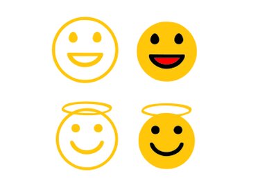 Vier gelbe Smiley-Gesichter: zwei Konturen, zwei gefüllt; zwei mit Heiligenschein, auf weißem Hintergrund.