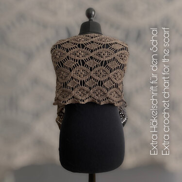 Brown triangle lace crochet shawl on a dress form, with an overlay note about an extra crochet chart.