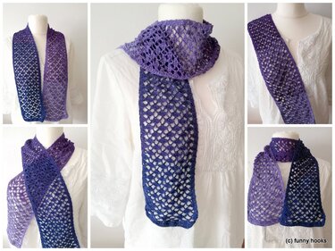 Crocheted scarf in a blue-to-purple gradient with an openwork pattern, displayed on a mannequin in multiple views.