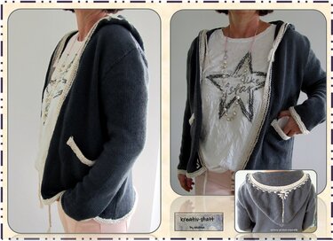 Gestrickte graue Damenjacke mit Kapuze, cremefarbene Kanten, offene Front und Taschen, kombiniert mit weißem T‑Shirt