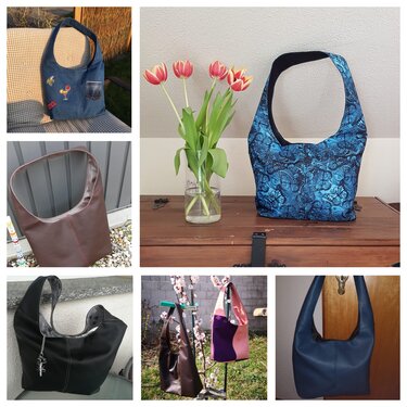 Collage aus sechs Schultertaschen in Hobo‑Silhouette, verschiedene Materialien und sichtbare Nahtdetails