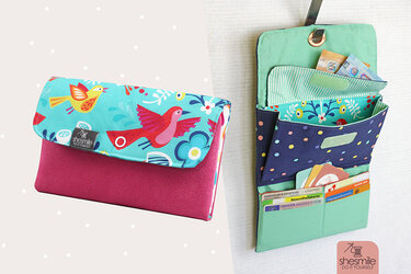 Türkis-pinkes Stoff-Portemonnaie mit Vogelmuster, Klappe und mehreren Kartenfächern, offen und geschlossen dargestellt