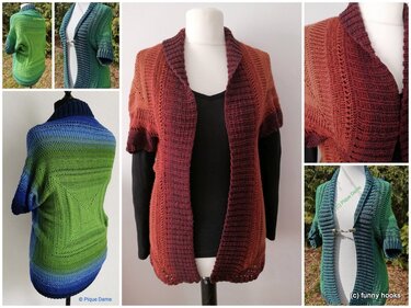 Gehäkelter offener Damen‑Cardigan mit kurzen Ärmeln und Farbverlauf in Grün‑Blau und Rosttönen auf Mannequins
