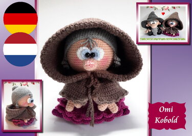 Gehäkelte Amigurumi-Figur mit brauner Kapuze und violettem Rüschenrock auf hellem Hintergrund