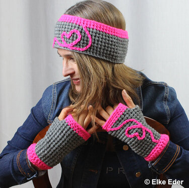 Stirnband und Handstulpen mit Herz - Häkelanleitung