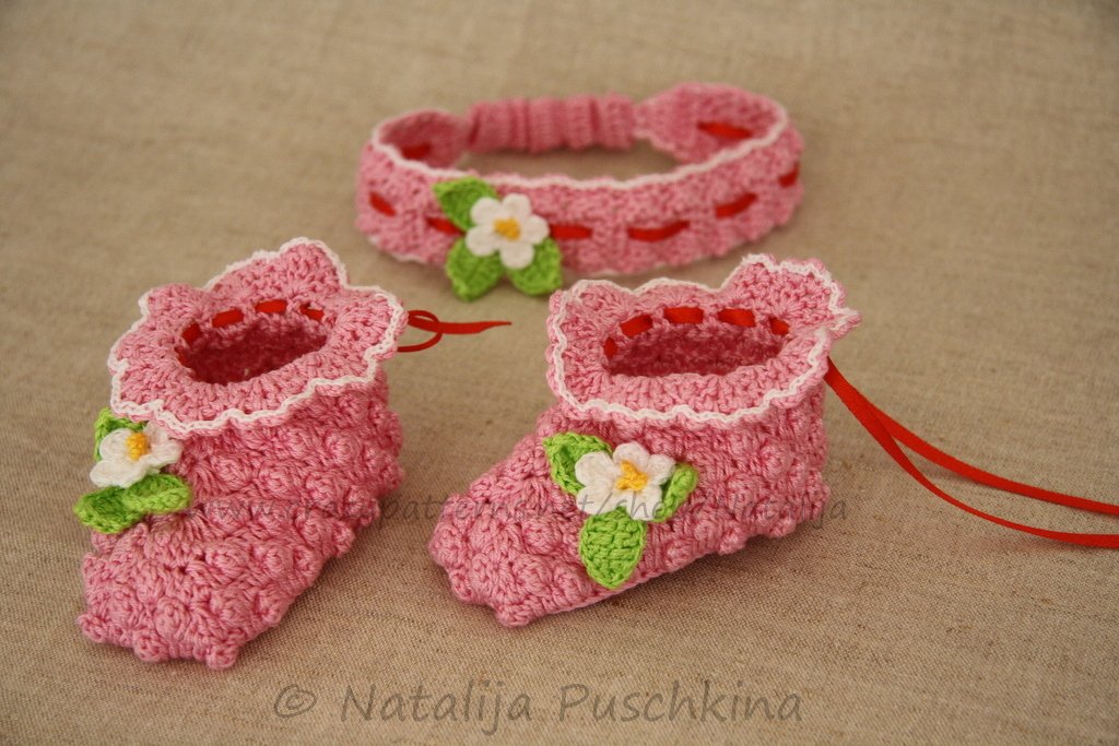 Häkelanleitung - Babyschuhe und Haarband Himbeere