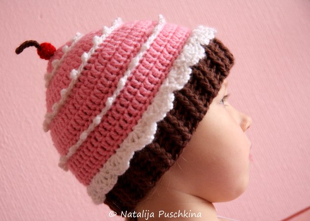 Cupcake Hat with a Cherry Crochet Pattern, 3 Size 
