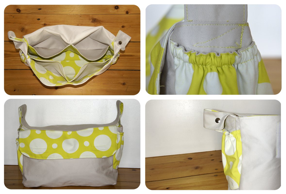 Lindgrün‑beige Stofftasche mit weißen Punkten, mehreren Innenfächern, elastischen Seitentaschen und Druckknopfverschluss