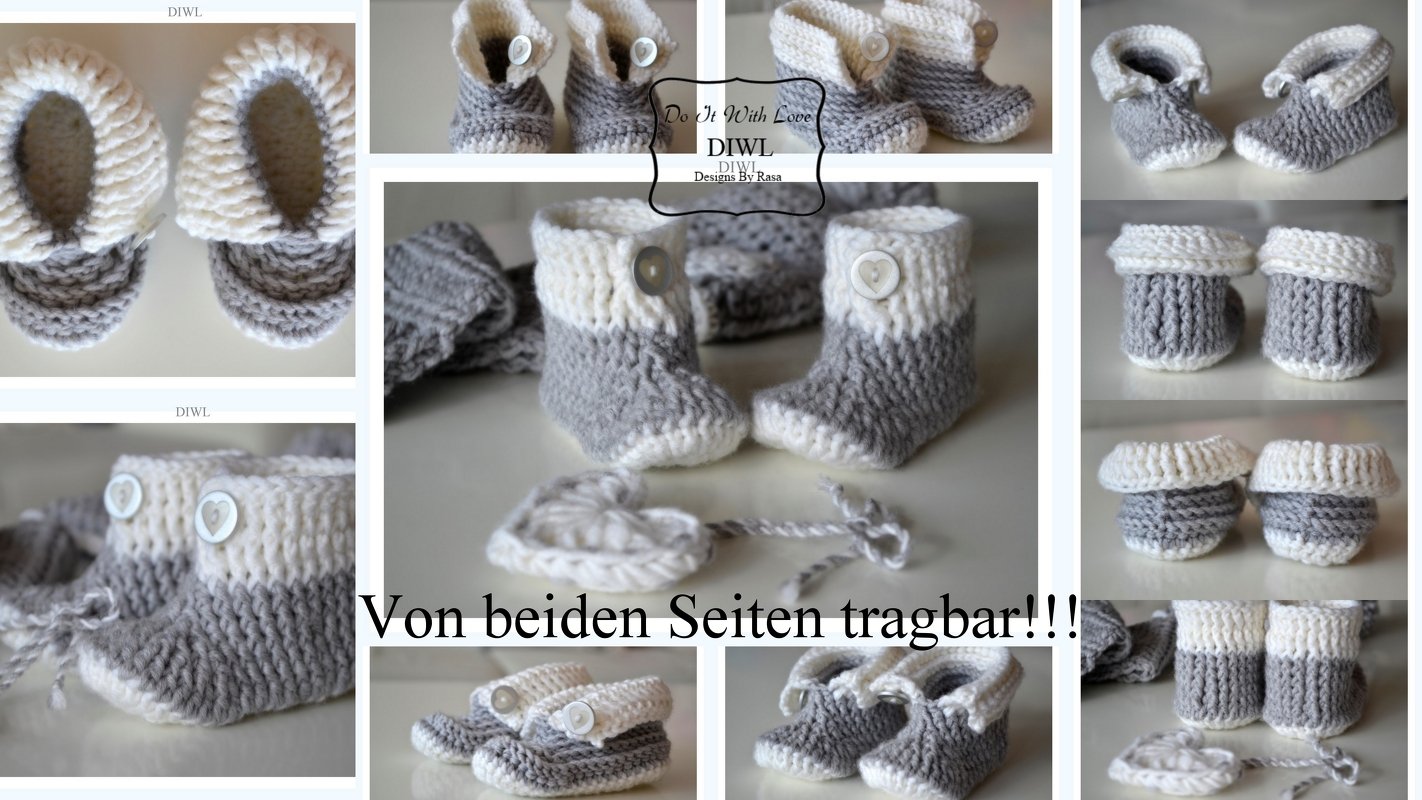 Gehäkelte Babyschuhe in Grau und Creme mit umklappbarem Schaft und Knopf, Collage mit Detailansichten