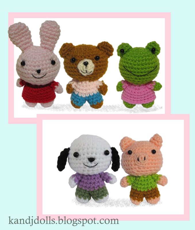 Animal Friends, Amigurumi pattern for a dog, frog, piglet, bear and bunny
