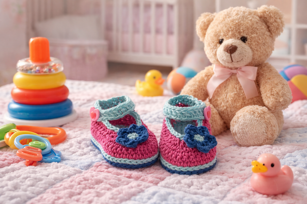 Zwei gehäkelte rosa-blaue Babyschuhe mit blauer Blume und Knopfverschluss auf Babydecke, daneben Teddybär und Spielzeug