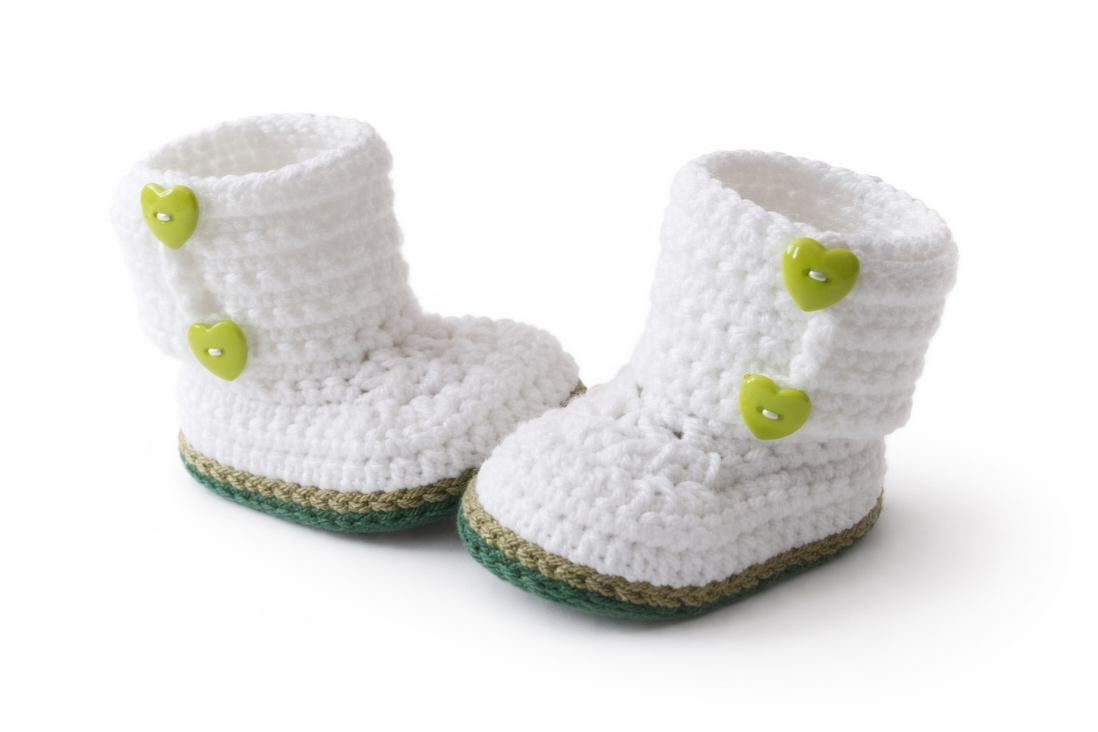 Weiß gehäkelte Babyschuhe mit grünen Herzknöpfen und olivgrün-dunkelgrüner Sohle