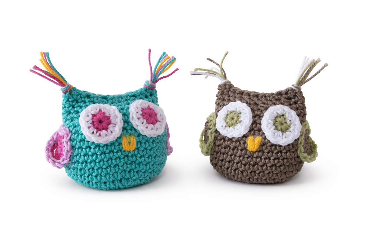 Zwei gehäkelte Amigurumi-Eulen, eine türkis mit rosa Augen, eine braun mit grünen Augen, vor weißem Hintergrund.