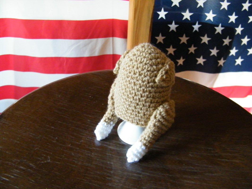 Gehäkelter Eierwärmer in Beige und Weiß sitzend auf dunklem Tisch, im Hintergrund eine gestreifte Flagge mit Sternen