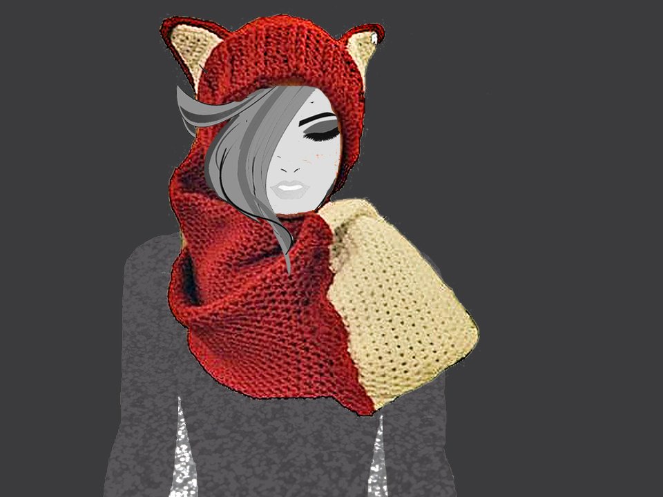 Gehäkelter Kapuzenschal in Rot und Beige mit applizierten Tierohren, kombiniert als Mütze und Schal