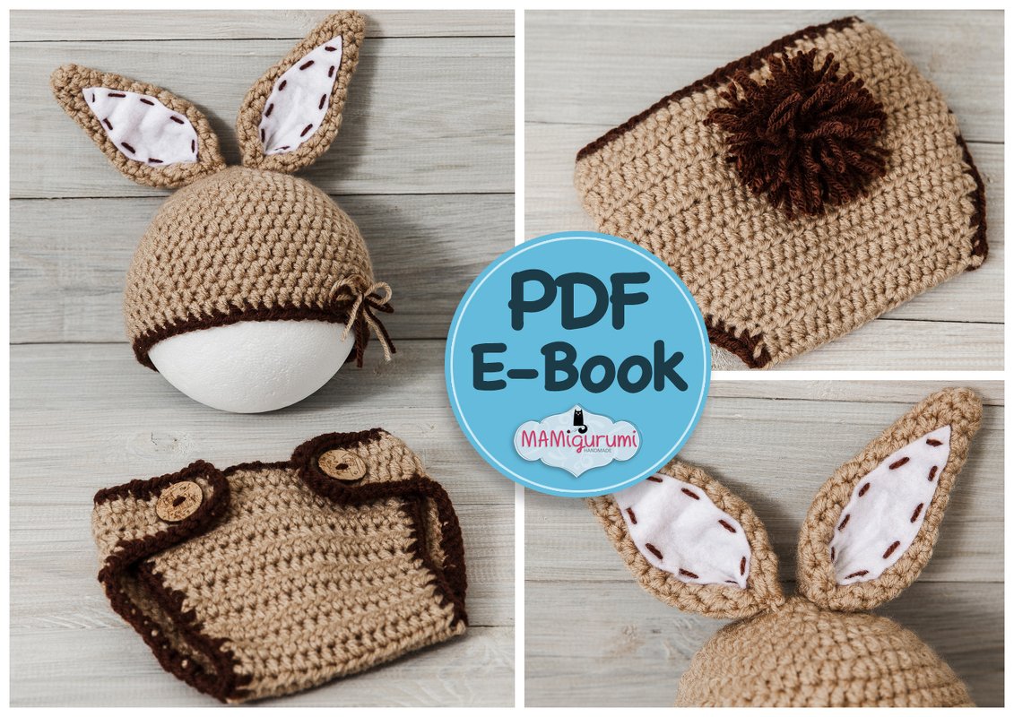 Beige gehäkeltes Baby-Set mit Hasenohren, Windelhöschen mit Knopf und Bommel