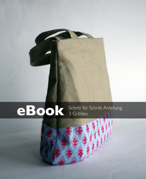 Beispiel einer zweifarbigen Einkaufstasche mit dem Schriftzug 'eBook Schritt für Schritt Anleitung 3 Größen'